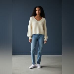 Active USA - Lemon V-Neck Chenille Puff Sleeve Sweater for Women